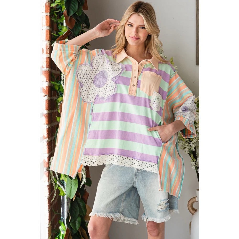 Oli & Hali Mixed Striped Flower Patched Oversized Polo in Orange Mint - Picture 1 of 8